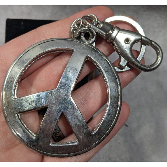 Hippie Glam Rhinestone Peace Sign Large Heavy Silver Tone Puffed Keychain - Picture 4 of 4